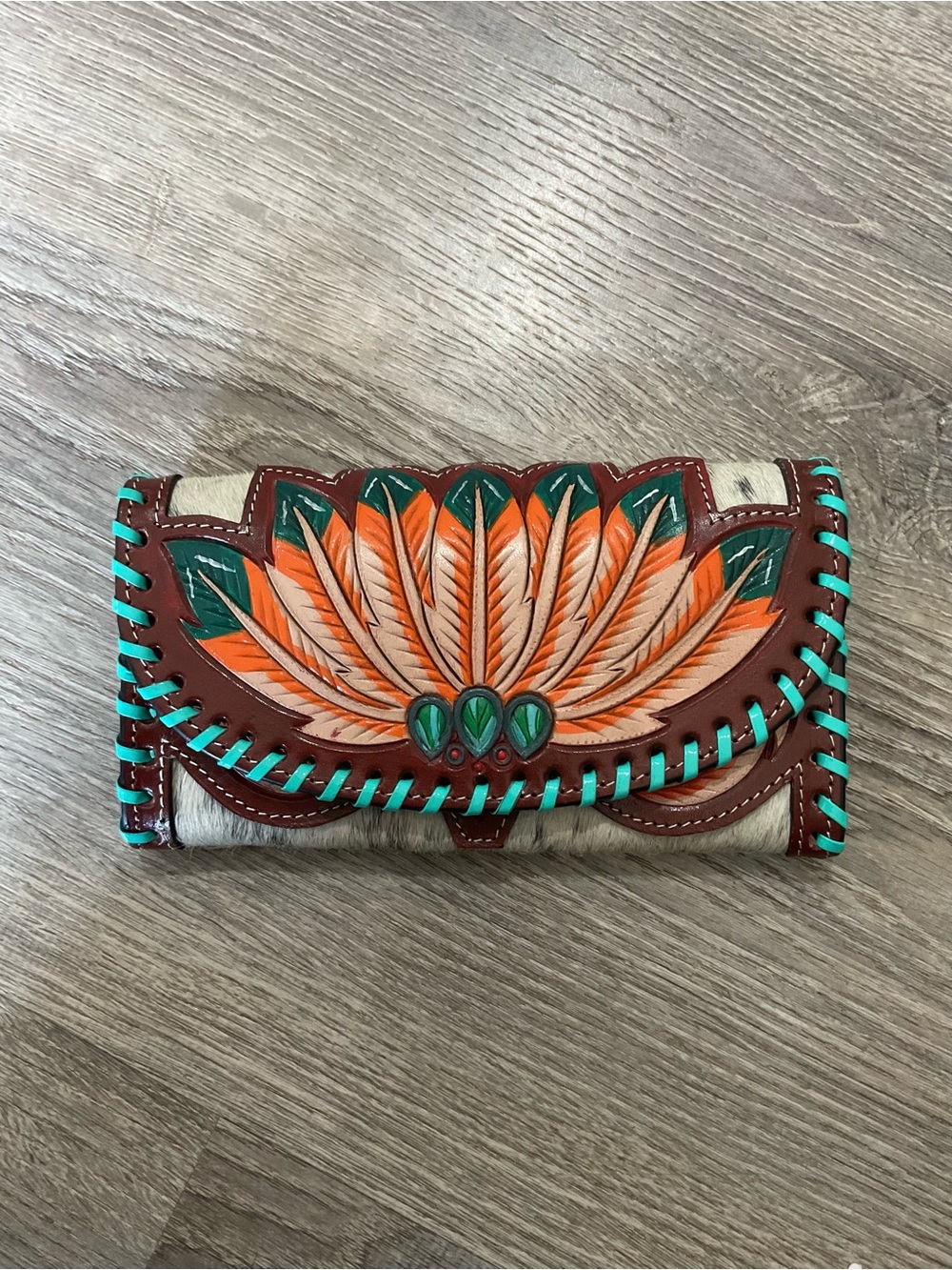 Handcrafted Brown Leather Floral Tooled Wallet with Turquoise Stitching